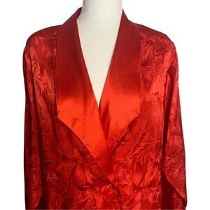 Vintage 80s Double Breasted Night Shirt M Red Floral Satin Long Sleeves